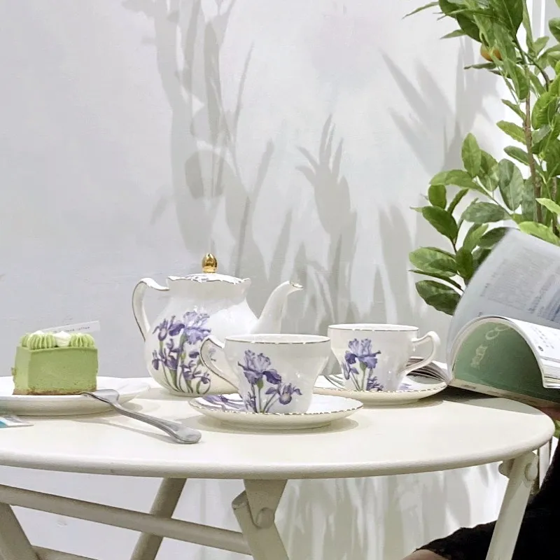 High End European Purple Iris Ceramic Teapot Coffee Cup And Saucer Kit Light Luxury Bone China Tea Cup Gift Sets