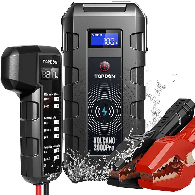  TOPDON Volcano2000Pros portable Jump Starter that delivers 2000Amps peak current for jump starting a flat 12V lead--acid