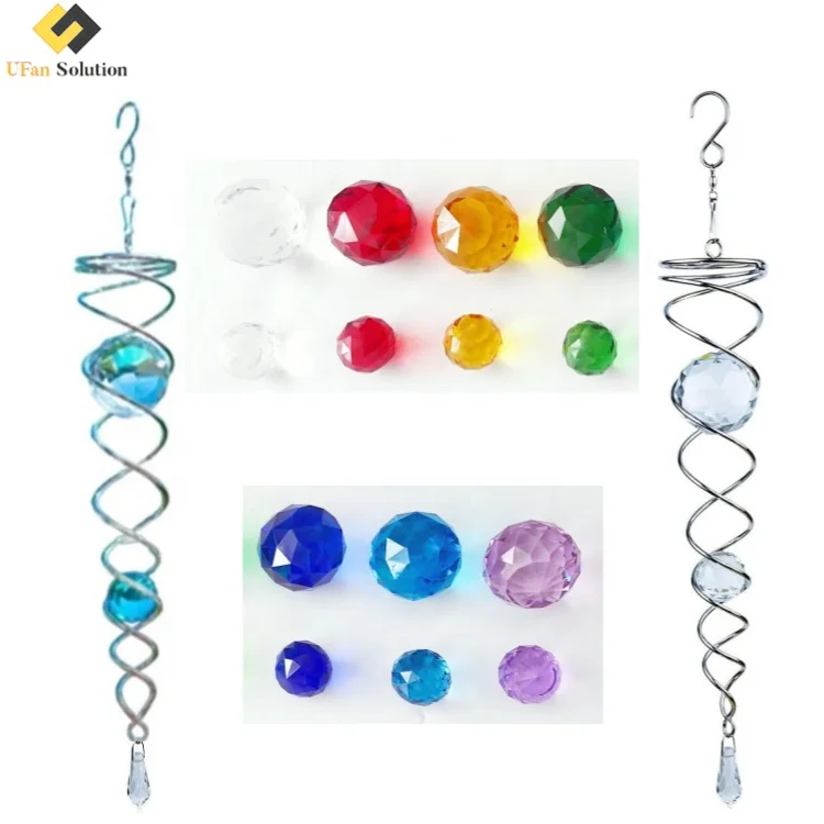 15in Gazing Ball Spiral Tail Wind Spinner Stabilize, Decoration Stainless Steel Crystal Glass Ball with Hanging Swivel Hook