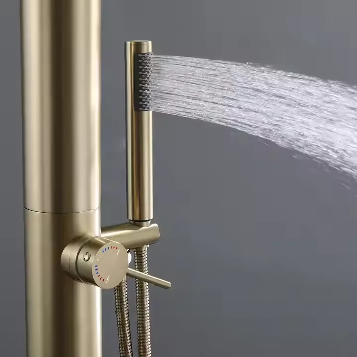 Brushed gold 304 stainless steel outdoor shower column set freestanding garden swimming pool rain outdoor shower