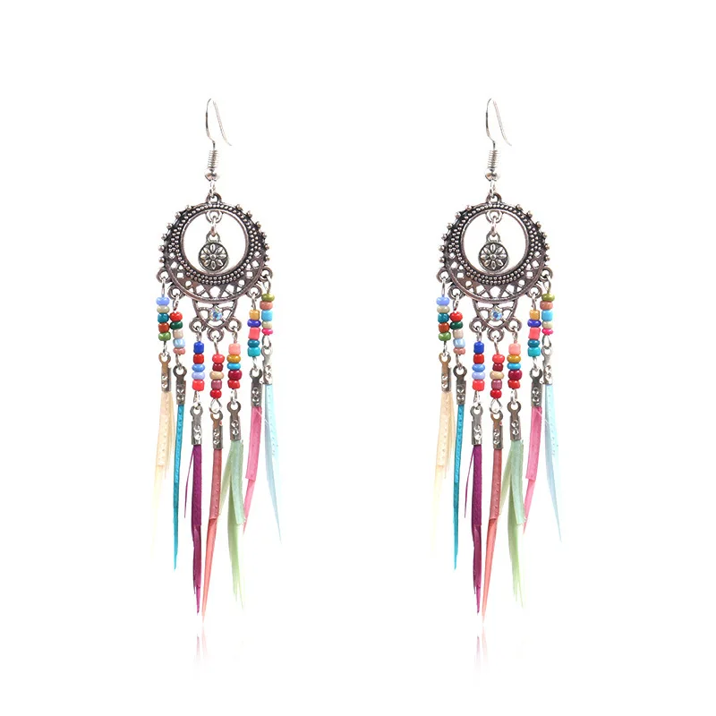 VRIUA Ethnic Bohemian Boho Long Feather Indian Earrings For Women Brincos Bijoux Charm Gypsy Hippie Tribe Vintage Ladies Earring