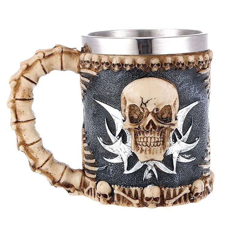 Stainless Steel Viking Drinking Cup Mug Skeleton Resin Beer Stein Tankard Coffee Tea Cup Halloween Bar Gothic Resin Skulls Mug