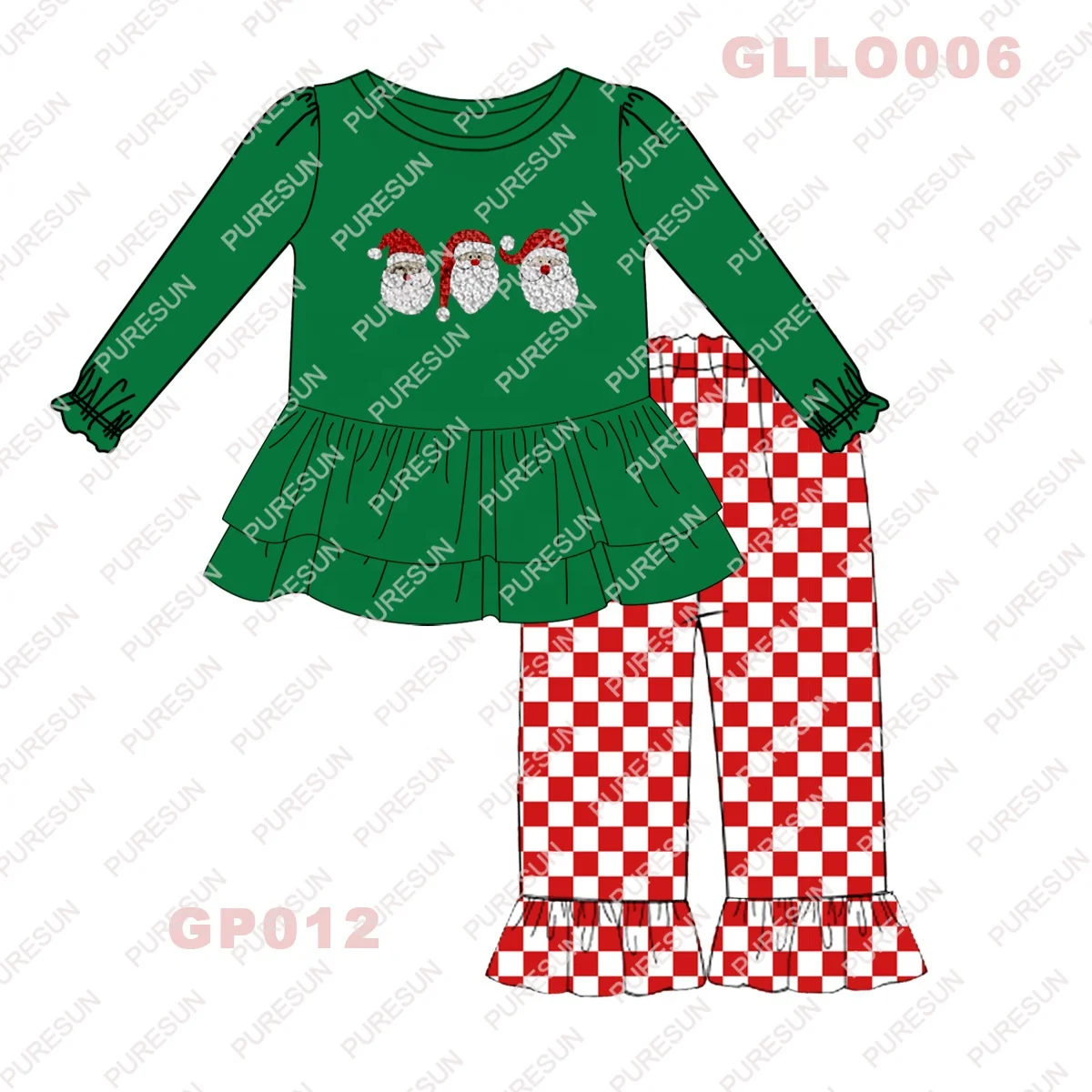Puresun christmas children clothing custom designs cotton ruffle girls outfits clothing sets with santa french knot embroidery