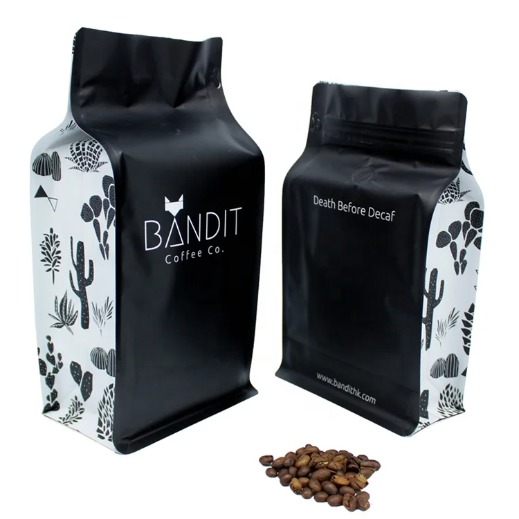 AT PACK Low Price Flat Bottom Coffee Bags With Valve Aluminium Foil Bag For Coffee Beans Packaging