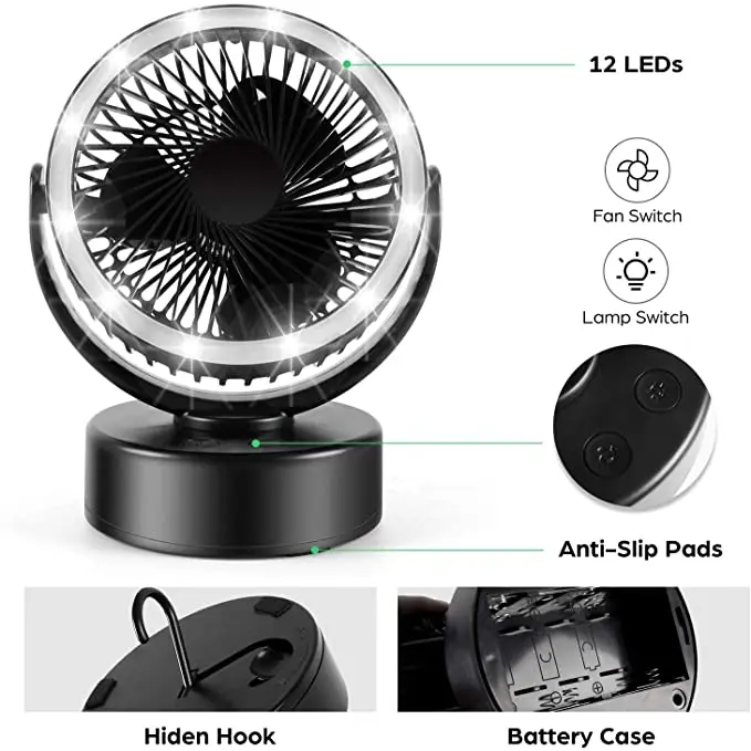 Portable USB Rechargeable Camping Led Fan Lantern For Tent, Hanging Hook Camping Hiking Light with Ceiling Fan