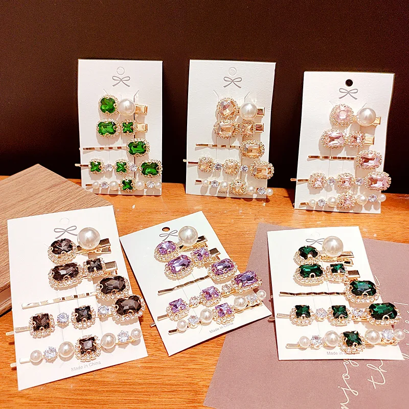 2022 Wholesaler Korean Word Hair Clips Hairpin Accessories Vintage Green Pearl Rhinestone Hair Clips For Women Girl