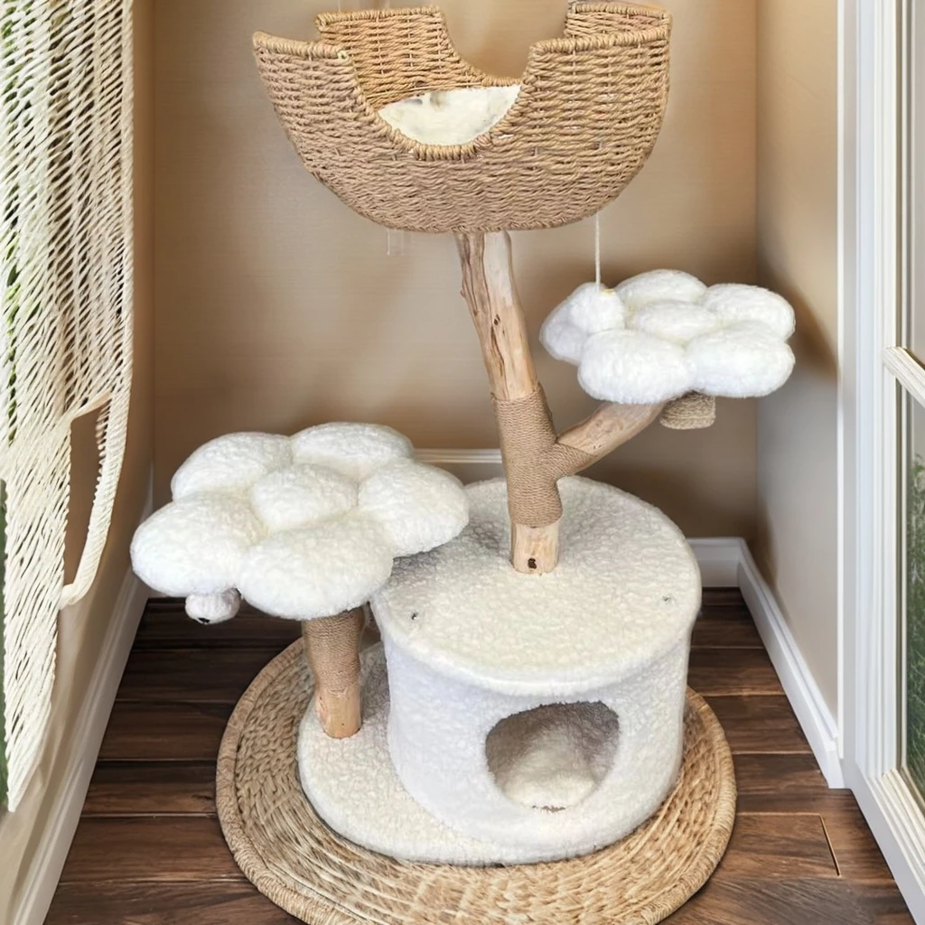 Manufacturer Wholesale Modern Natural Wooden Cat Tree Indoor Decorative Cat Scratcher and Bed Sustainable Sisal Material