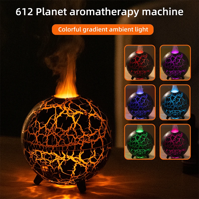 Led Light Mini Portable 3D Flame Aromatherapy Ultrasonic Air Humidifier Purifier Ultrasonic Volcanic Crack Planet Aroma Diffuser