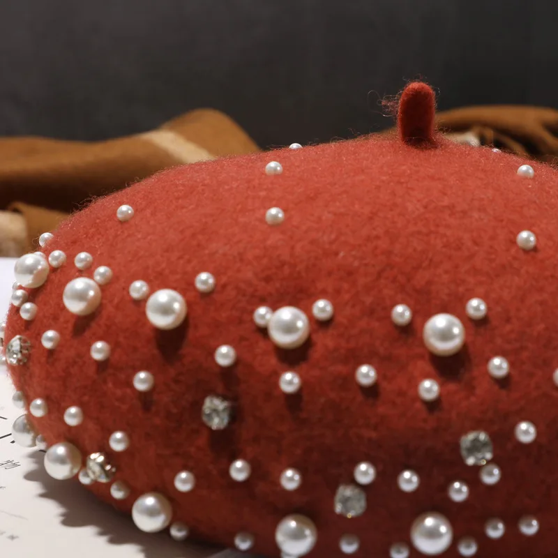 knitted hat Fashion Winter Women Girl Warm Knit Thicken Wool Cashmere Beret Woolen Knitted Hat Beanie Rhinestone Pearl Beret