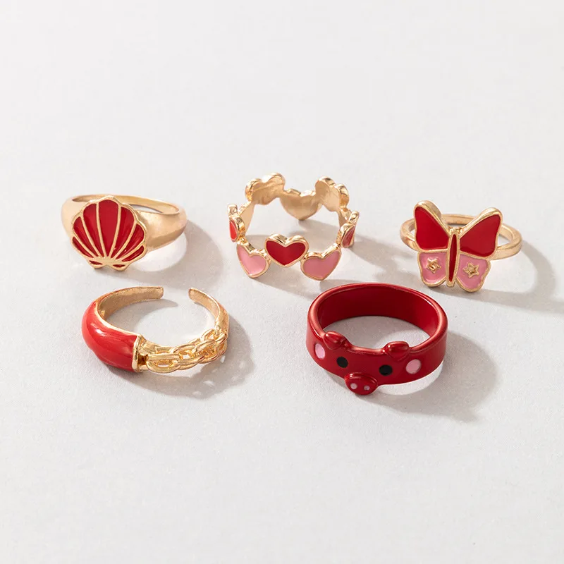 2022 New Red Element Ring Peach Heart Pig Heart Bow Scallop Oil Drip Ring 5-piece Set