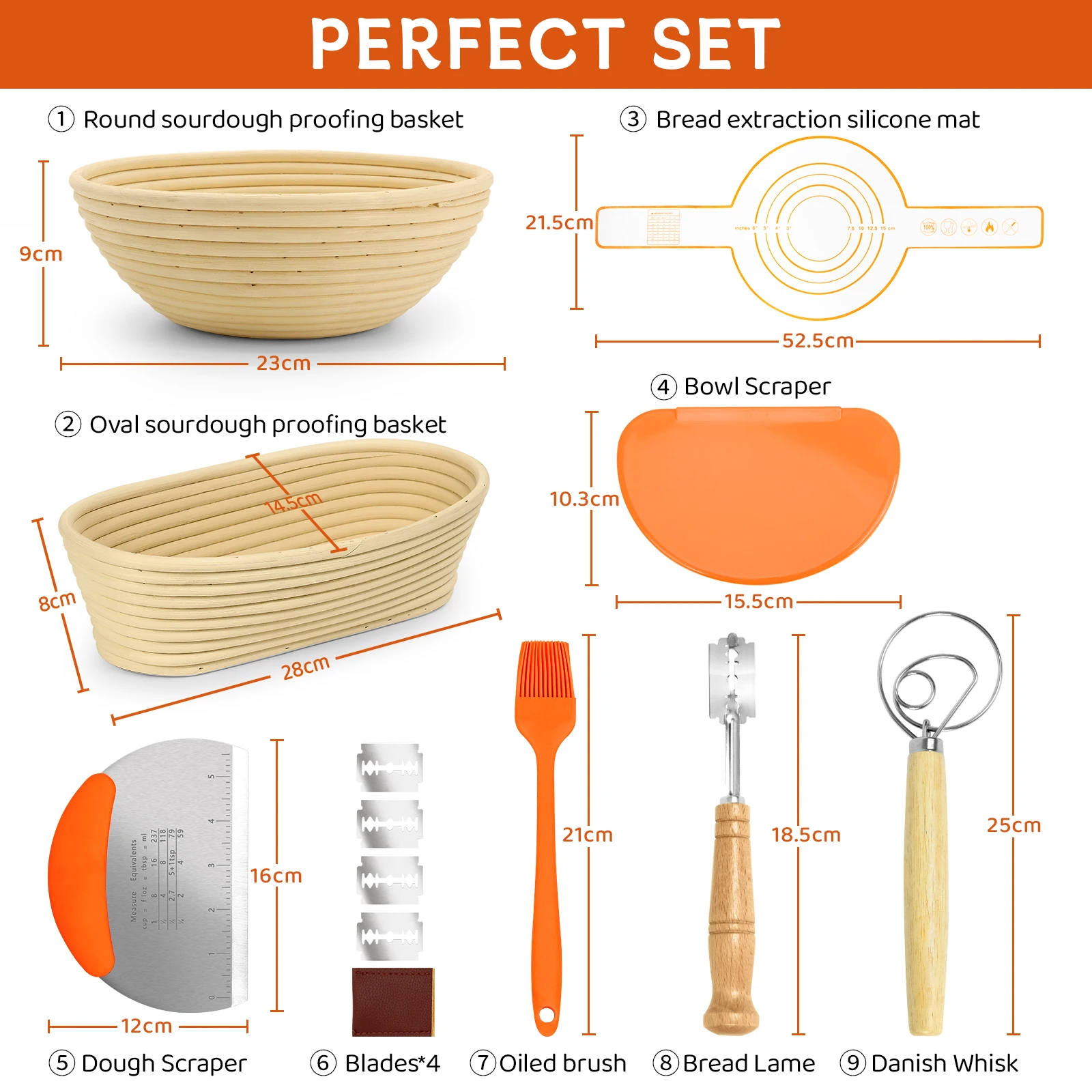 XH Source factory 9+10 inches sourdough bread proofing basket set Complete baking tools natural rattan stainless steel nail