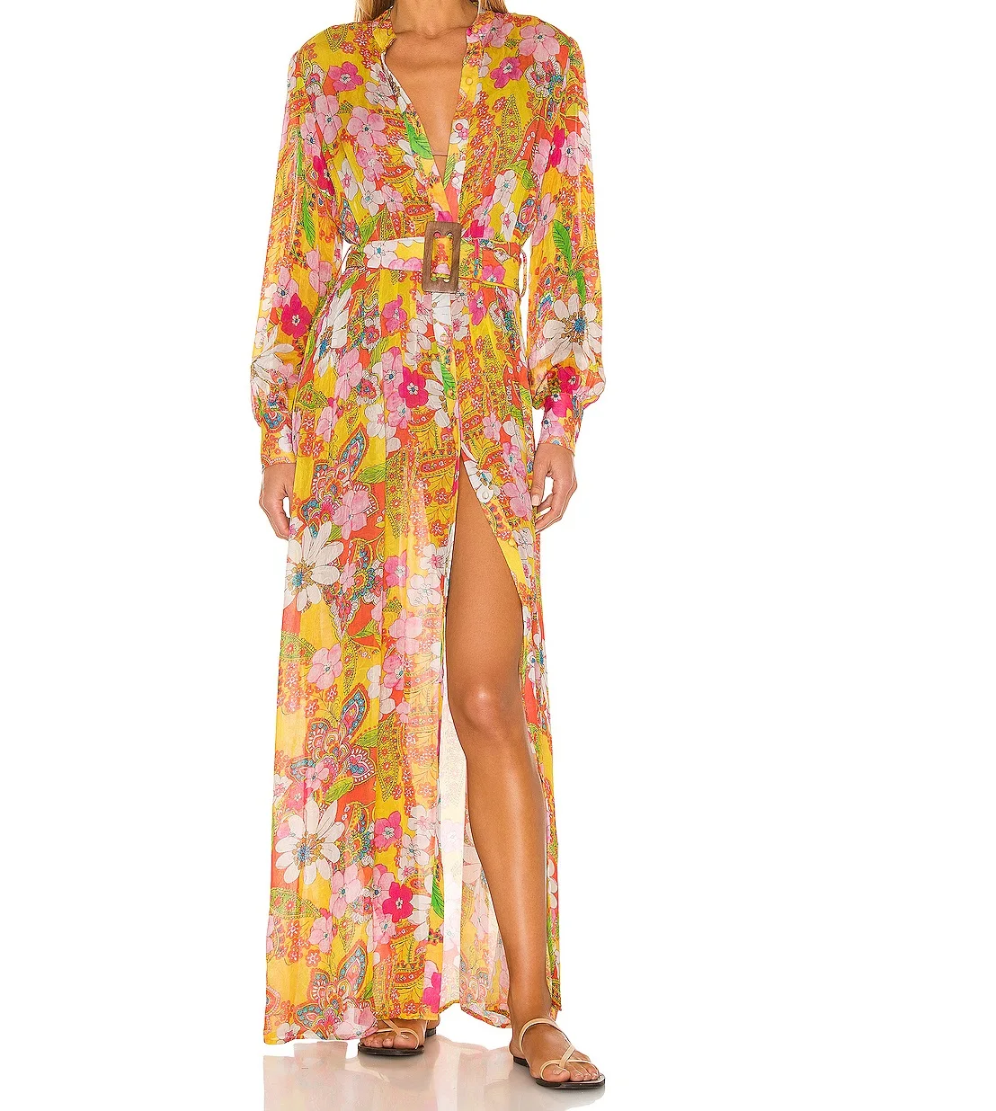 2024 Ladies Summer Floral Print Midi Dresses Casual Daily Clothing Long Sleeve Wholesale MIdi royal blue Dresses with Belt