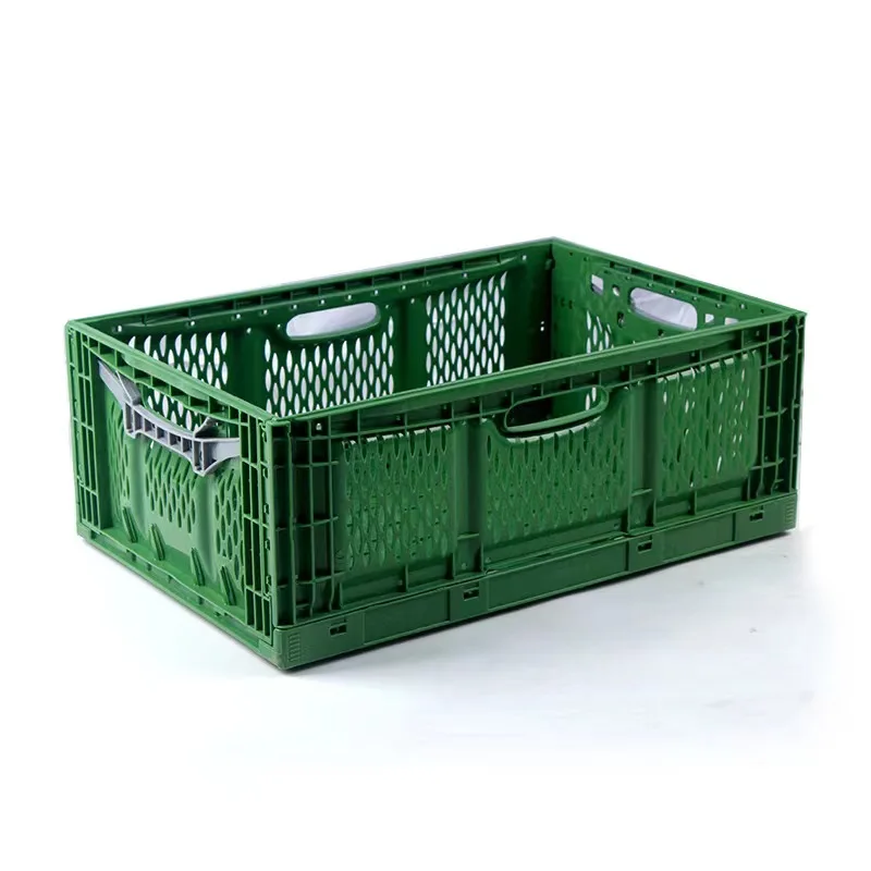 Plastic Vegetable Transport Use Collapsible Storage Crate Vented Foldable Basket Mechanical Handle Folding Fruit Crates for Sale