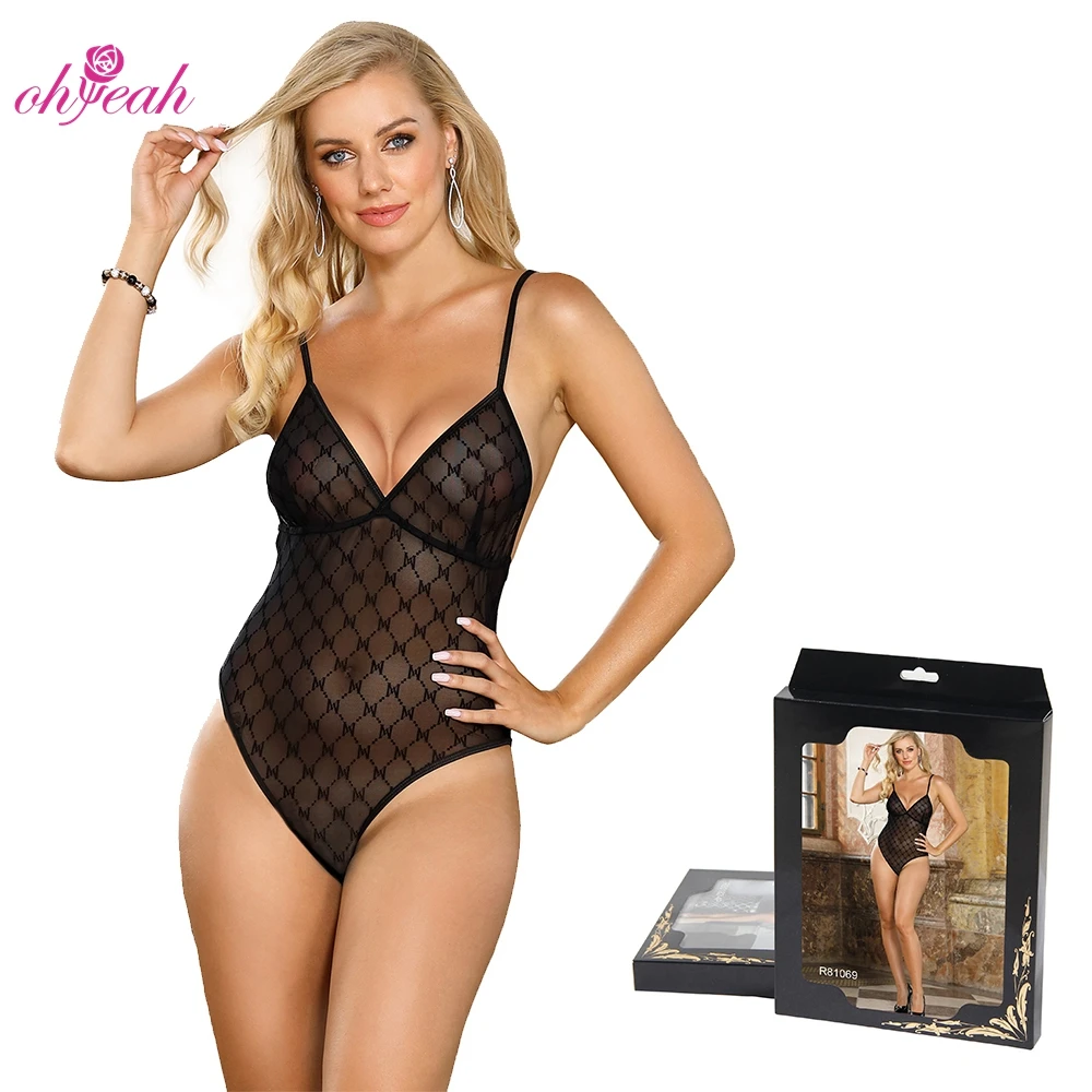 ODM Logo Package Box Black Plaid Pattern Wholesale Plus Size Lingerie Bodysuit Elegant Transparent Sexy Lingerie For Women