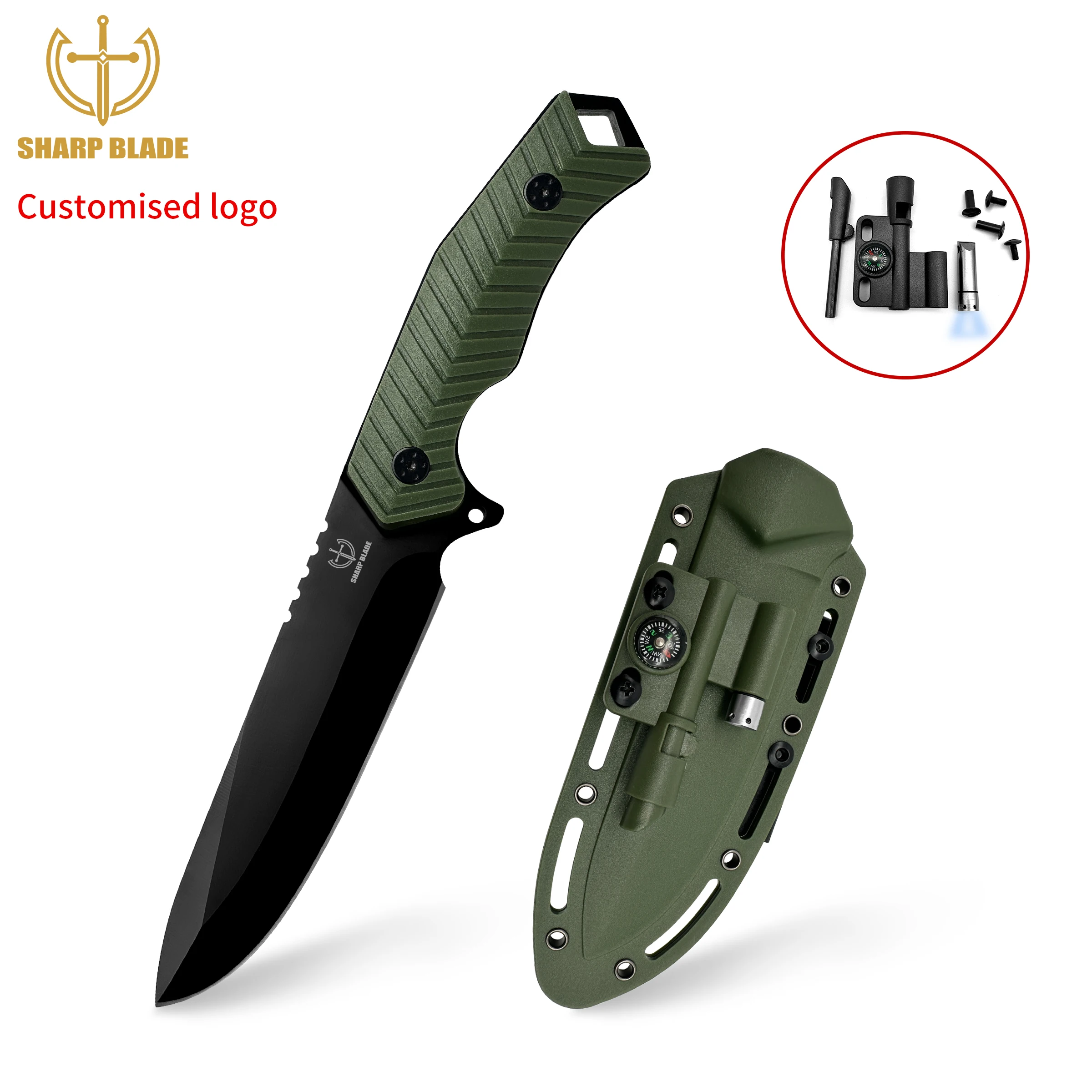 Yeehand Knives Fixed Blade Hunting Knife Outdoor 3cr13 Steel Green Handle Compass Fixed Blade Knife with Flint and Steel Sheath