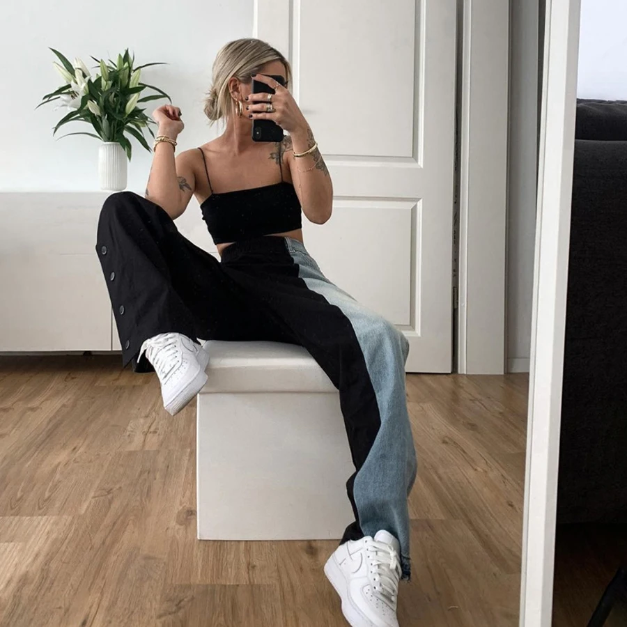 Nibber P1737263 fashion Patchwork loose casual pants for women Hip hop slim jeans 2021 Korean version Denim cargo Pants female