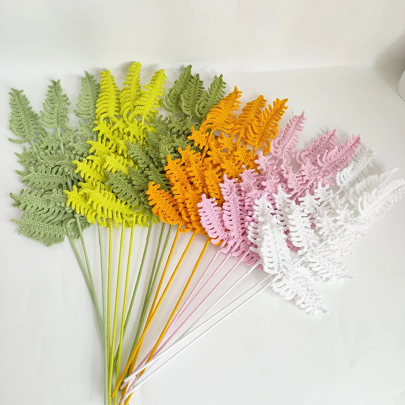 New Style 2024 Cute Knitted Flower Ornament Wool Knitting Spring Orchid Leaf Bouquet Crochet Flower Leaves Plants