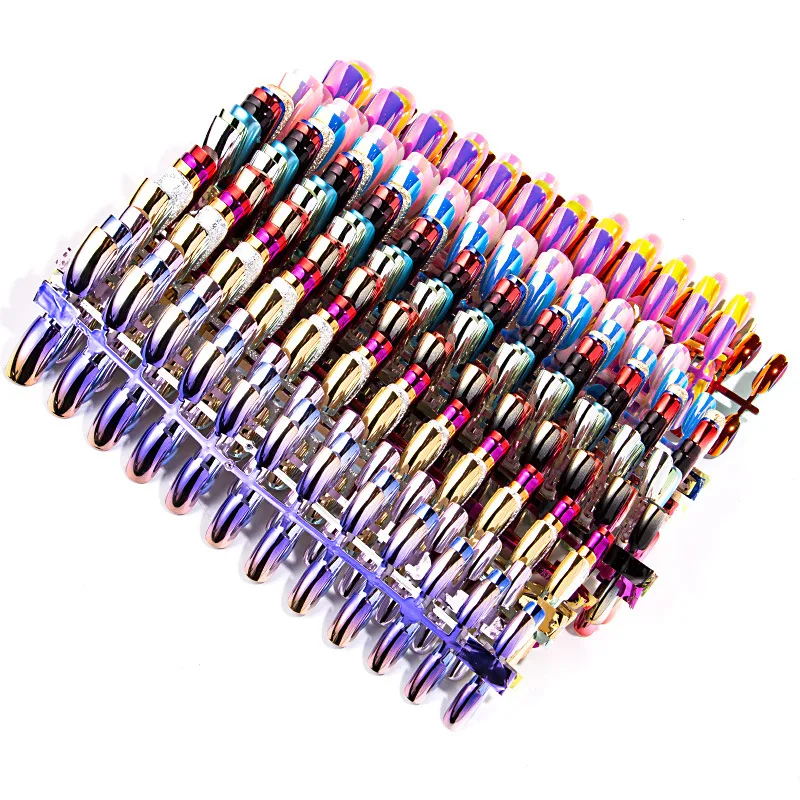 Блестящие зеркальные накладные ногти с полным покрытием в наличии милые матовые Праздничные наклейки для ногтей коллекция металлических накладных ногтей