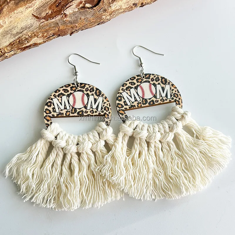 Game Day Bohemia Tassel Women Wood Earrings Handwoven Mom Letters Leopard Print Fashion jewelry Ladies Drop Earrings