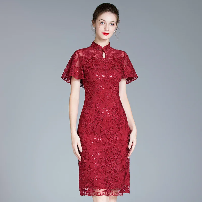 Best Quality High End Formal High Split Red Cheongsam Evening Party Dresses