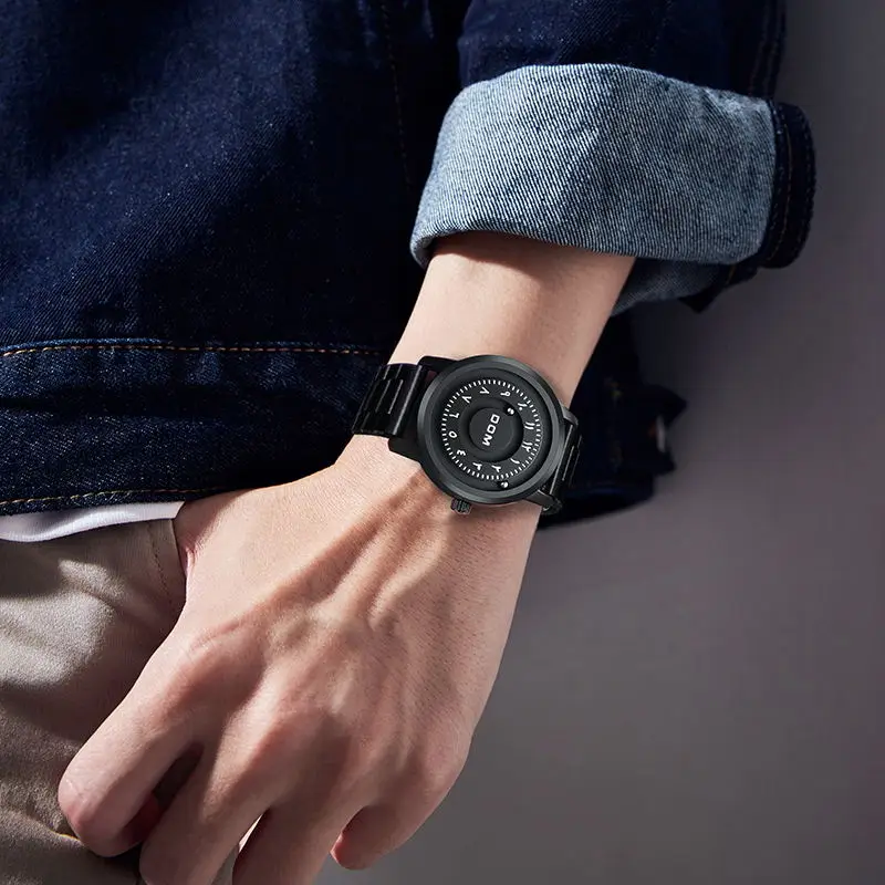 DOM 1769 Men Quartz Watch Fashion Personality Creative Scrolling Iron Ball Magnetic Pointer Waterproof for Male Watches Gift