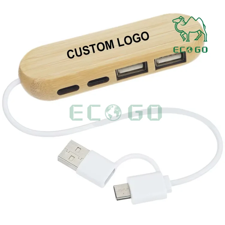 Customized Bamboo Charger 4 In 1 USB Hub Docking Station Wooden USB Hub Splitter Adapter Charger