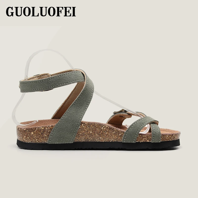 GUOLUOFEI Women Suede Cork Sandals Flat Buckle Casual Ankle Strap Sandals