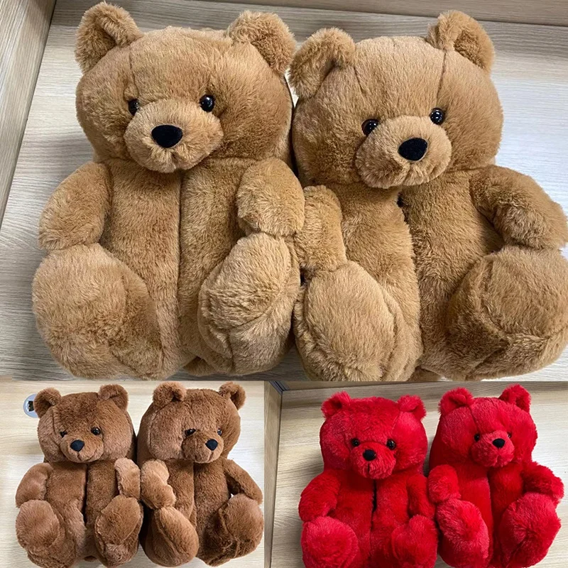 
In stock Cozy Furry Bear Face Teddy Slippers Plush Novelty Animal House Shoes Teddy Bear Slippers for Kids and Adults  (1600162783035)