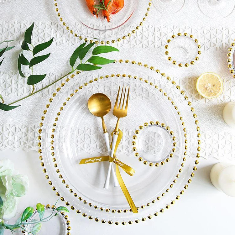 Clear Luxury Glass Wedding Plates Set Supplies Banquet Plates Party Restaurant Home Glass Gold Beaded Charger Plate