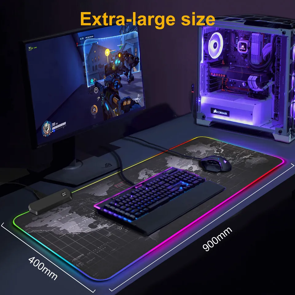  Игровой коврик для мыши большой светодиодный RGB нескользящий и водонепроницаемый мягкий под