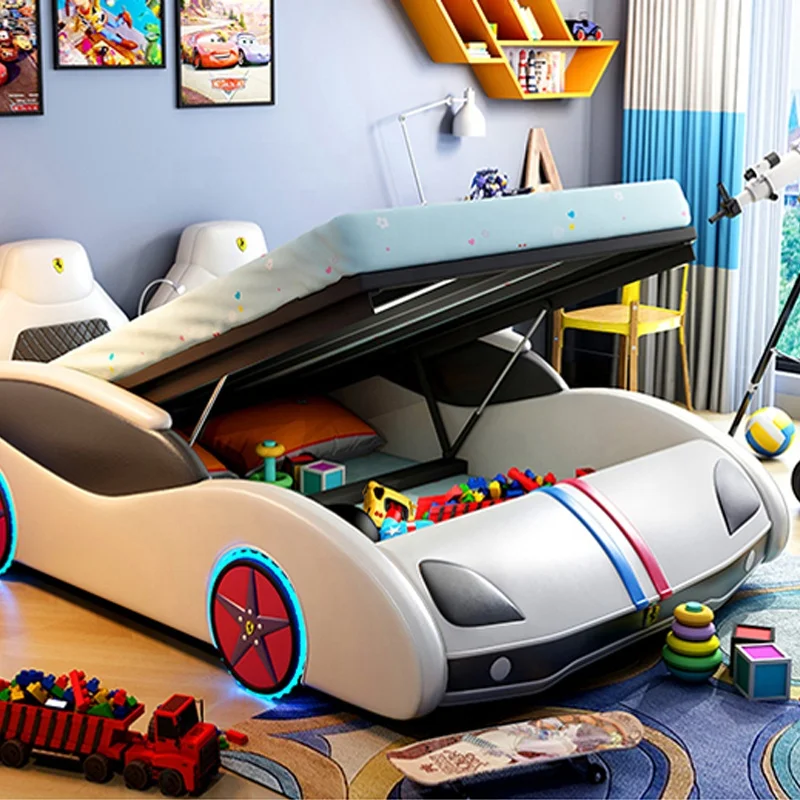 Modern house child led lamp speaker wooden bed frame bedroom furniture grils boys kids slide race cars beds children beds