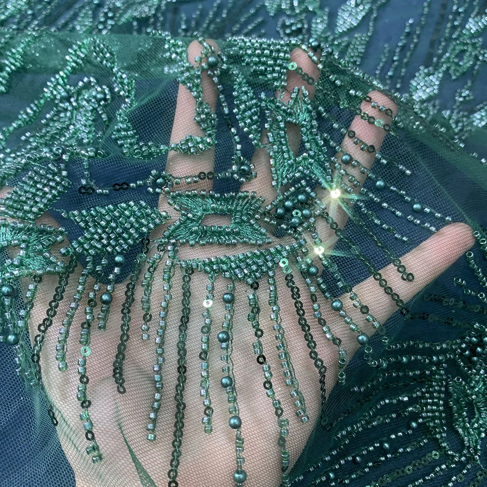 Custom wholesale price french tulle pearl sequin beaded embroidery lace fabric for bridal wedding evening dress