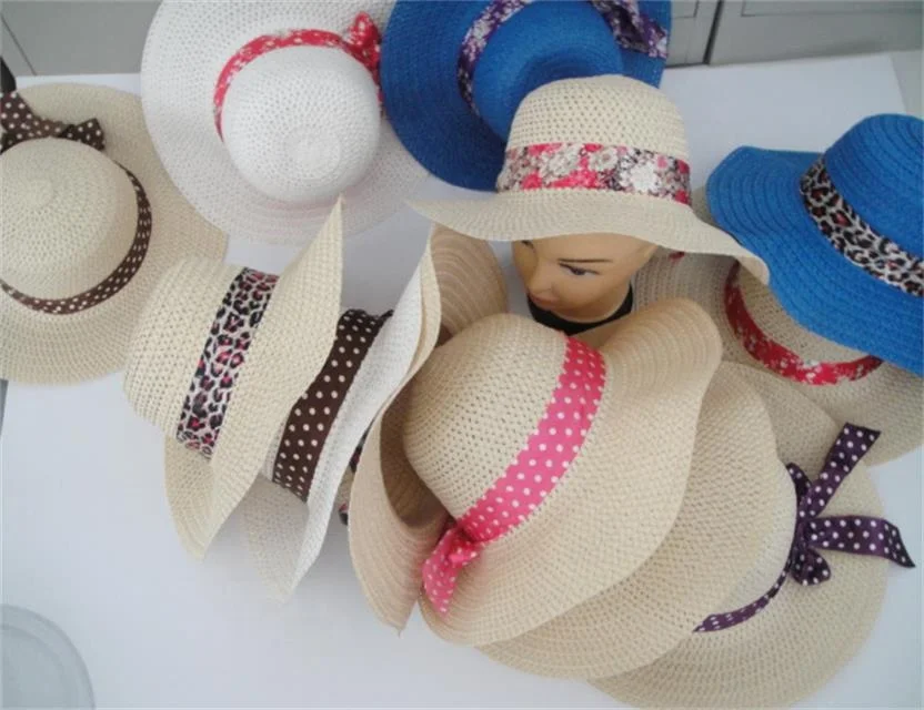 
Wholesale Promotion Factory Price Cheap Sunshade Beach Ladies Hat With Colored Ribbon Bow <span style=