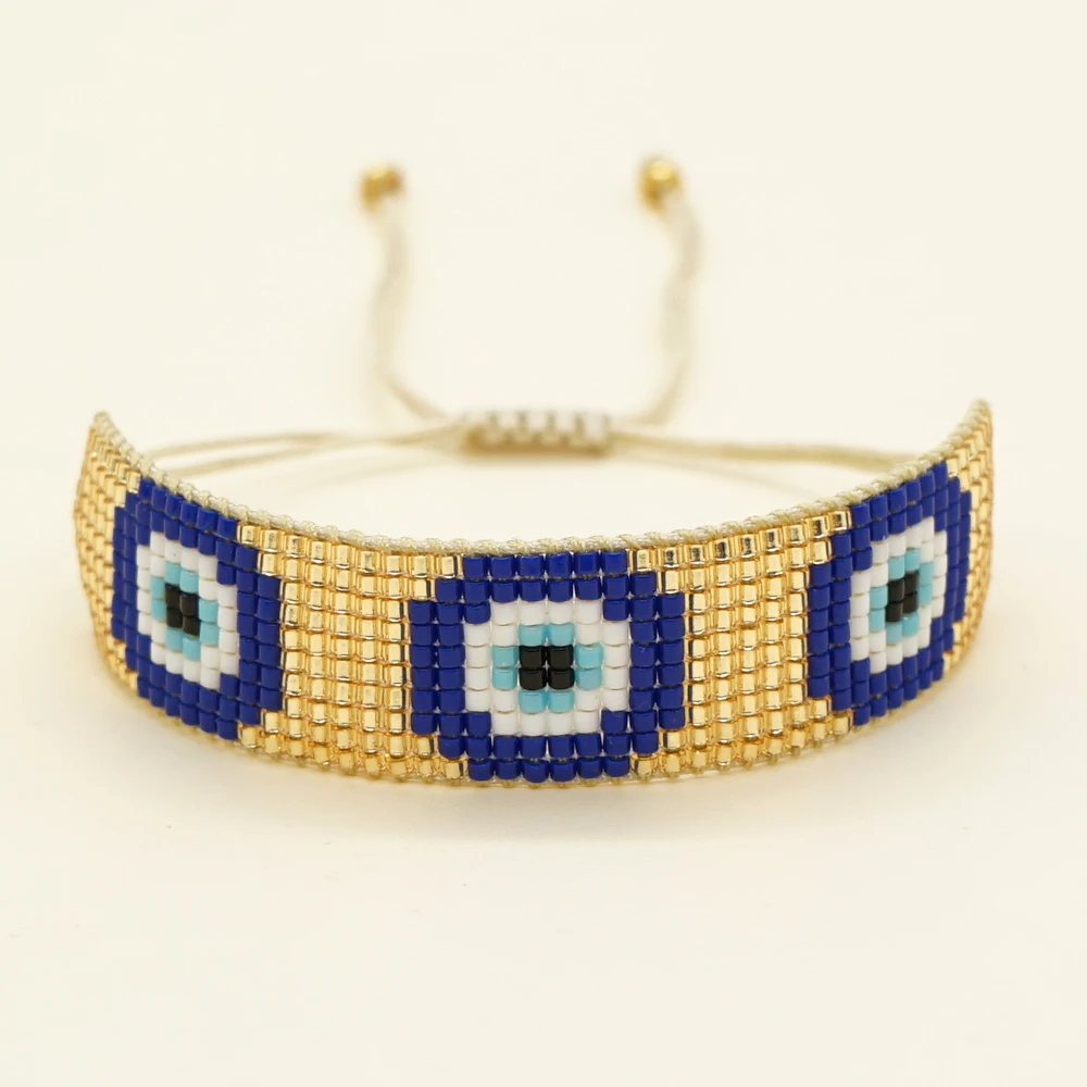 Go2BoHo Miyuki Evil Eye Beaded Bracelet BOHO Fashion Jewelry Three Eyes White / Golden Handmade Woven  Beads Bracelets
