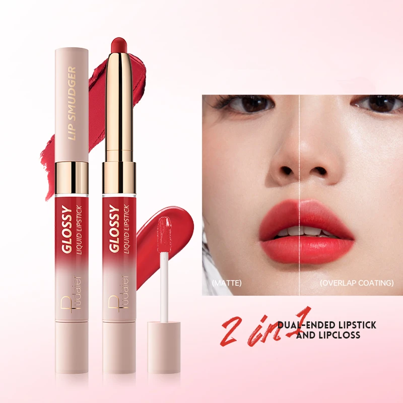 Custom Logo Makeup Double Ended Matte Lipstick Mirror Lip Gloss 2 Textures In 1 Non-Sticky Glossy Liquid Lipstick Private Label