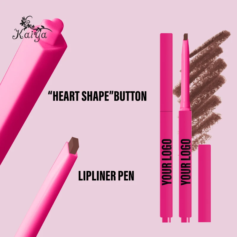 Customized Press Heart Button Smooth Pigment Slim Waterproof Brown Lipliner Pen Creamy Lips Makeup Nude Matte Vegan Lip Liner