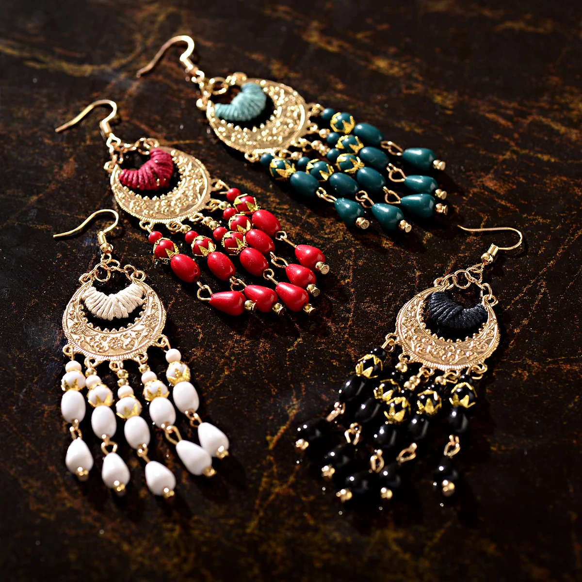 2021 Vintage Ethnic Bohemian White Beads Jhumka Earrings Geometric Metal Tassel Indian Earrings Tibetan Jewelry