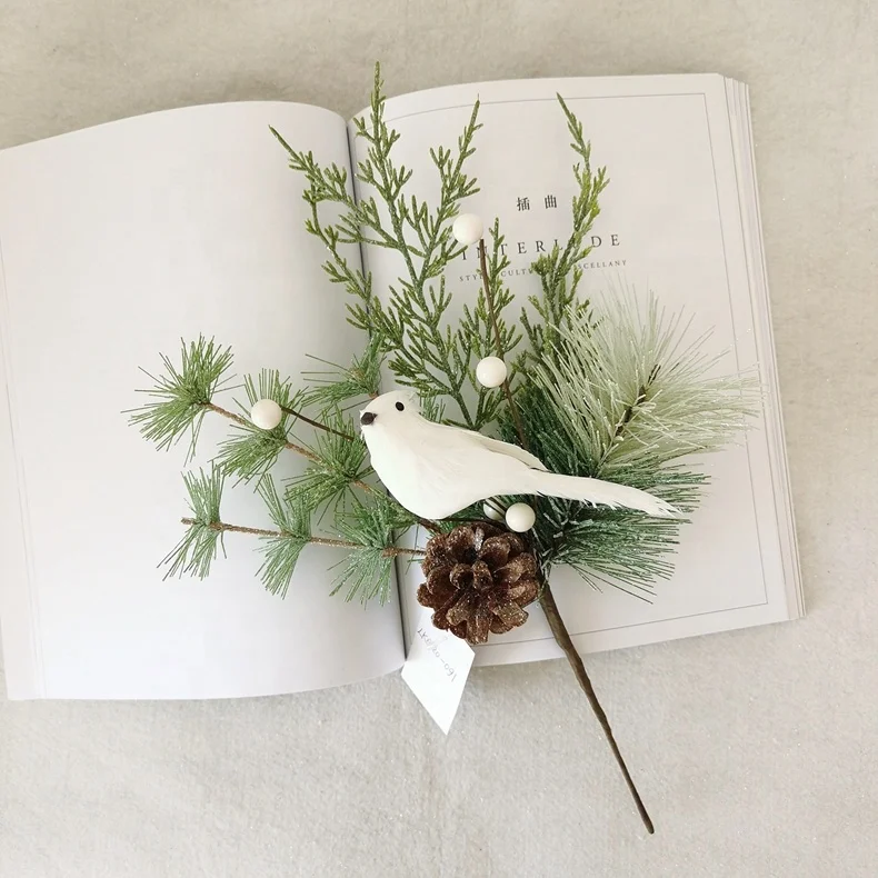Artificial tree branch for Christmas decoration pine needle pick with artificial white bird and pine cone Christmas tree picks
