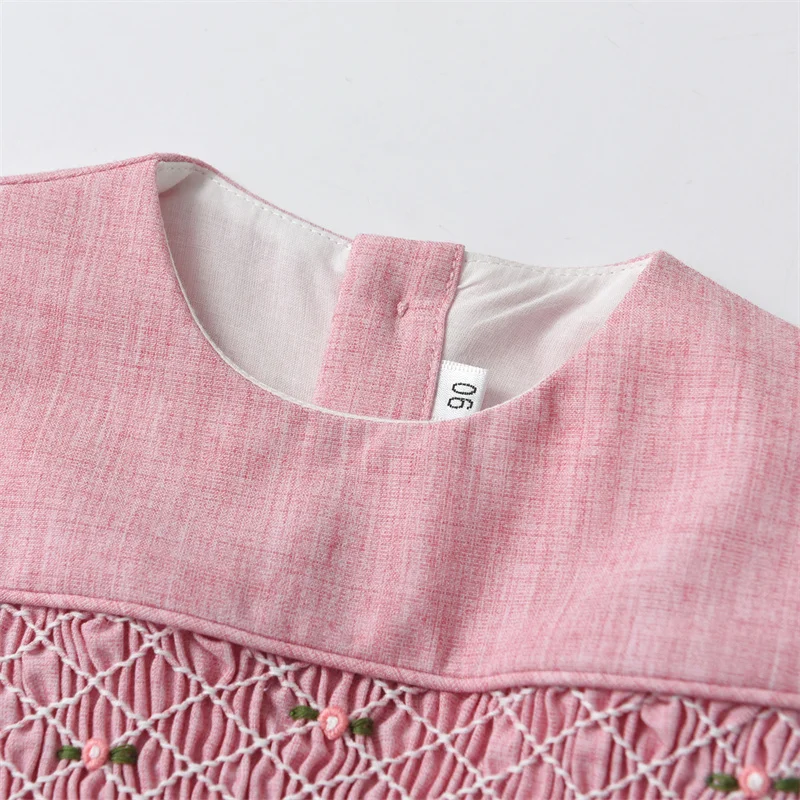 2024 In Stock Baby Girl Dresses Hand Smocked Linen Cotton Spanish Boutique Clothes Children Embroidery Summer Kids Dress