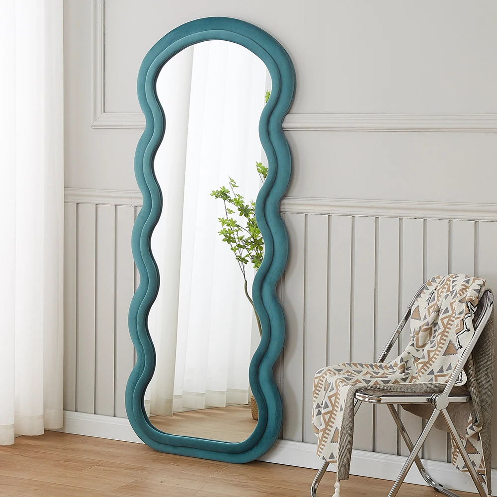 Hot Sale Arched Full Length Wooden Asymmetrical Mirror Frame Long Wavy Floor Standing Wall Leaner Mirror
