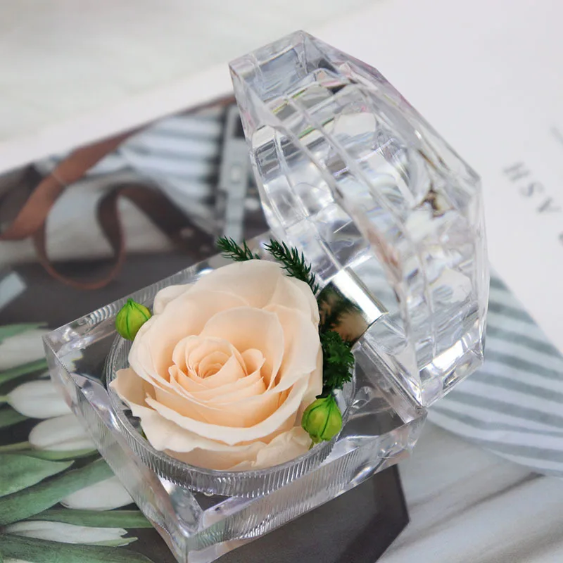 Cheap Price Mini Gifts Acrylic ring Boxes Preserved Roses