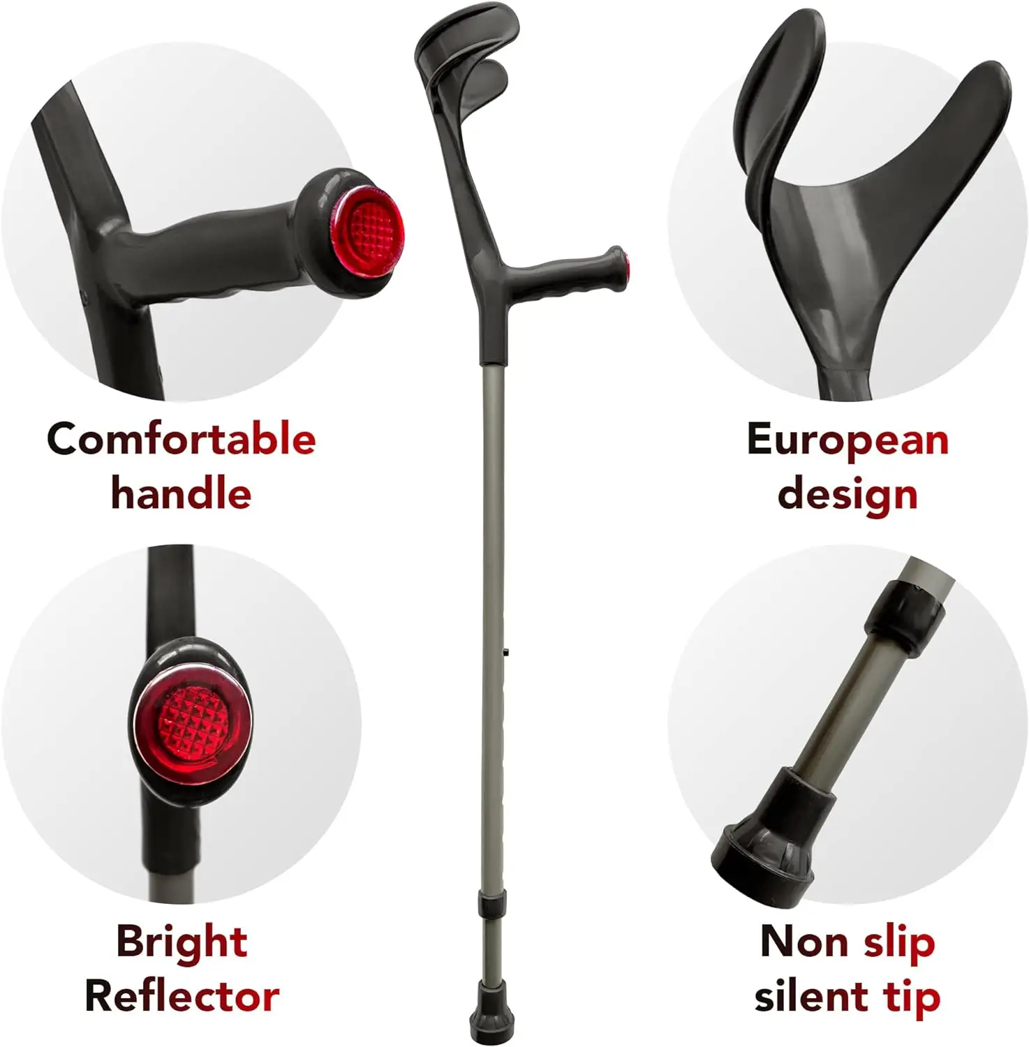 Forearm Crutches for Adults Open Cuff  Handle with Light Reflector Built-in Height Adjustment Clip High Density Sturdy Aluminum