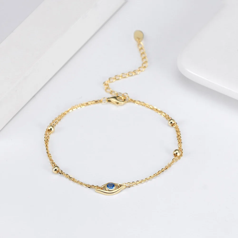 BAPB04 RINNTIN Pure 925 Sterling Silver Ball Chain Bracelet 14K Gold Plated 2 Layers Evil Eyes Bracelet for Women