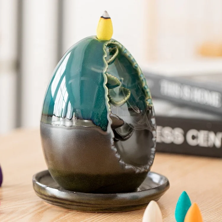 Waterfall Incense Burner Backflow Ceramic Inscents Cone Stick Holder with 10 Cool Back Flow Cones Incent Set