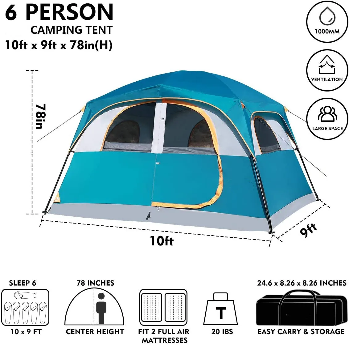 1 Door 5 Window Double Layer Outdoor Waterproof Tents Windproof Camping Tent 6 Person