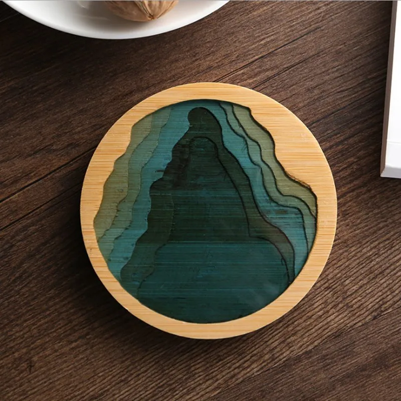 Natural bamboo wood with epoxy resin coaster round and square tea cup mat heat insulation pad for drink beer coffee tea