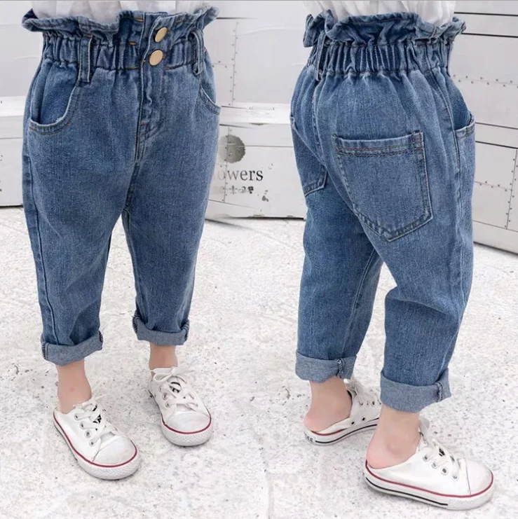 High Quality 100% Cotton Elastic High Waist Girls Blue Jeans Pants