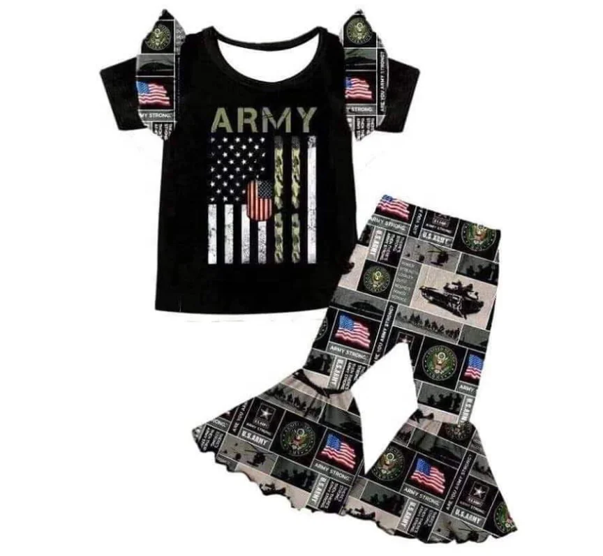 
army girls fashion clothes match pants outfit hot sale boutique girls clothes 