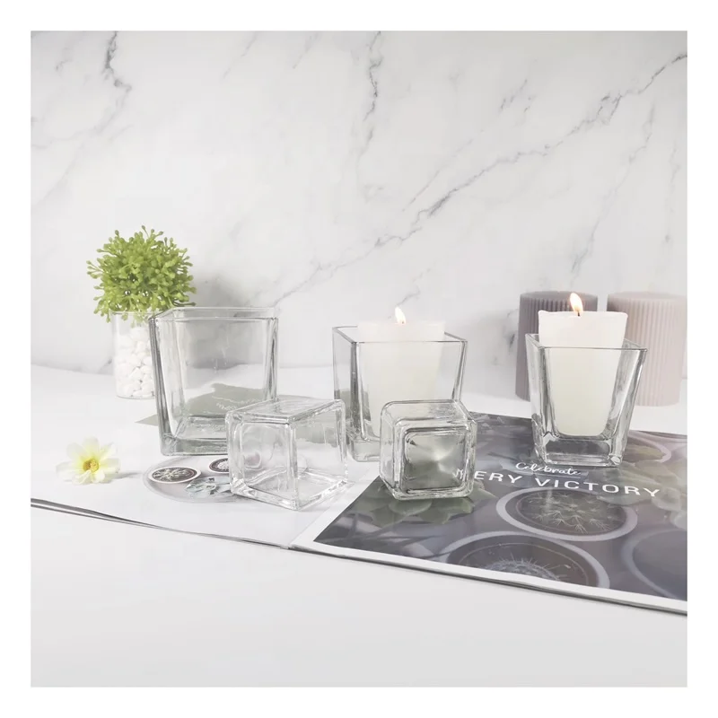 Square shape 4inch  glass candle holder hot sell candle jar for wedding and ceremony wholesale cheap clear candle glass holders