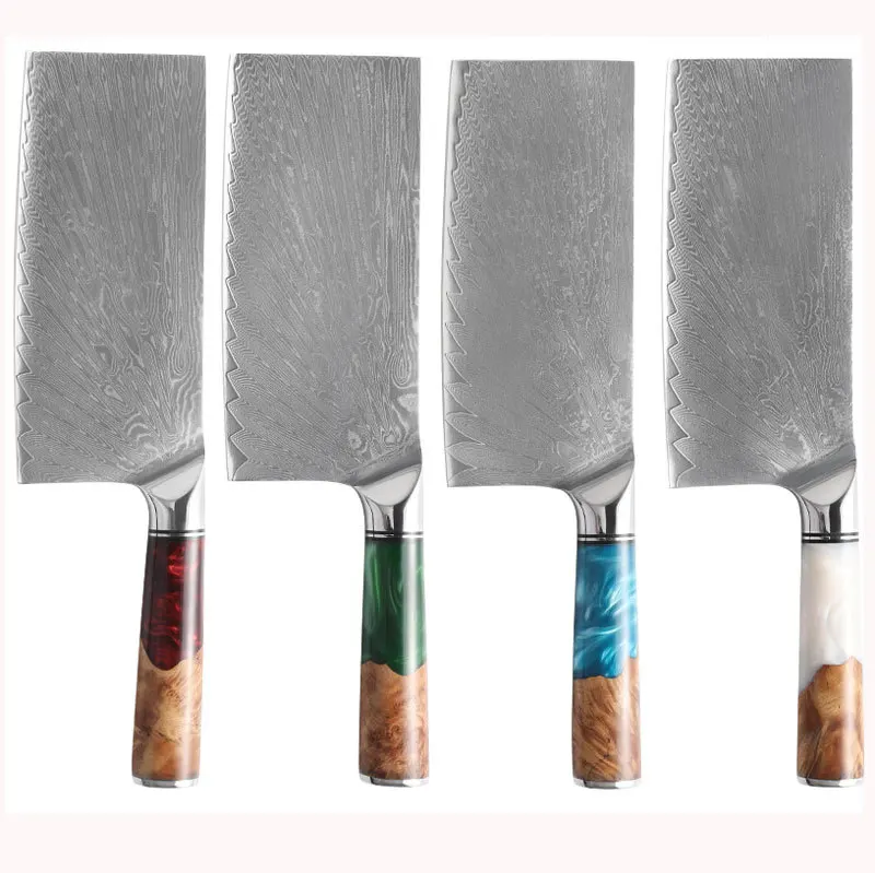 7Inch Damascus Kitchen Knife VG10 Damascus Cleaver Cutting Meat Knife With Wooden Resin Handle